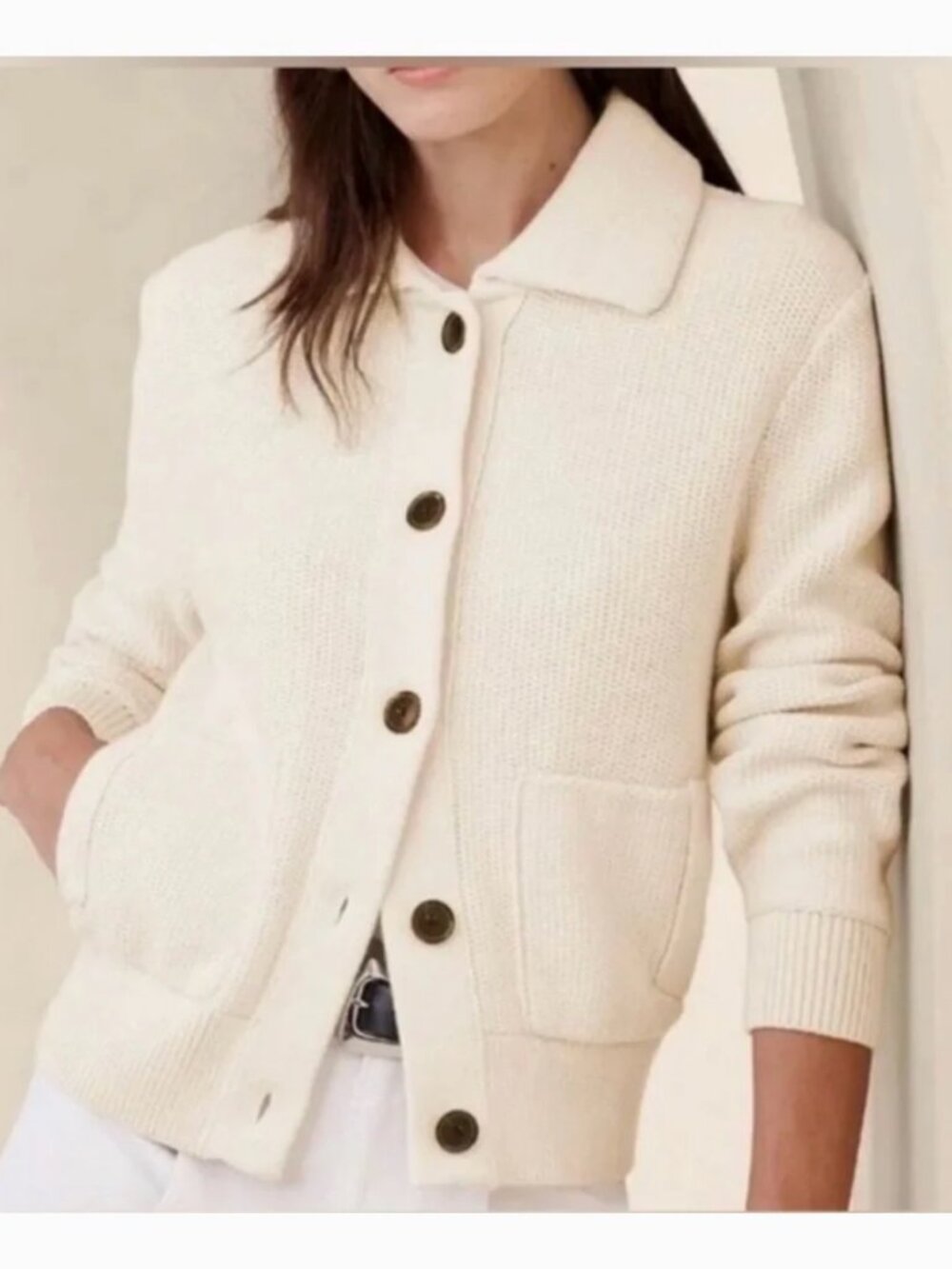 Banana Republic Ava Bomber Cream Knit Cardigan Sweater Sz. S